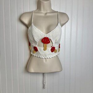 White crochet cropped tank mushroom detail handmade fits like small R1